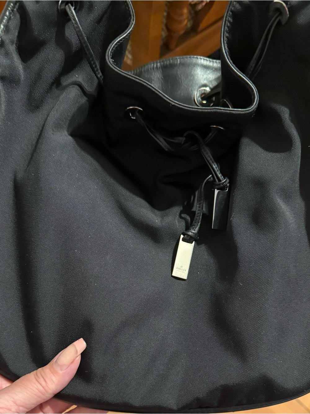 Gucci Black Drawstring nylon Hobo bag with Metal Tag